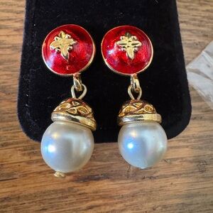 Elegant Faux Pearl Red & Gold Drop Earrings